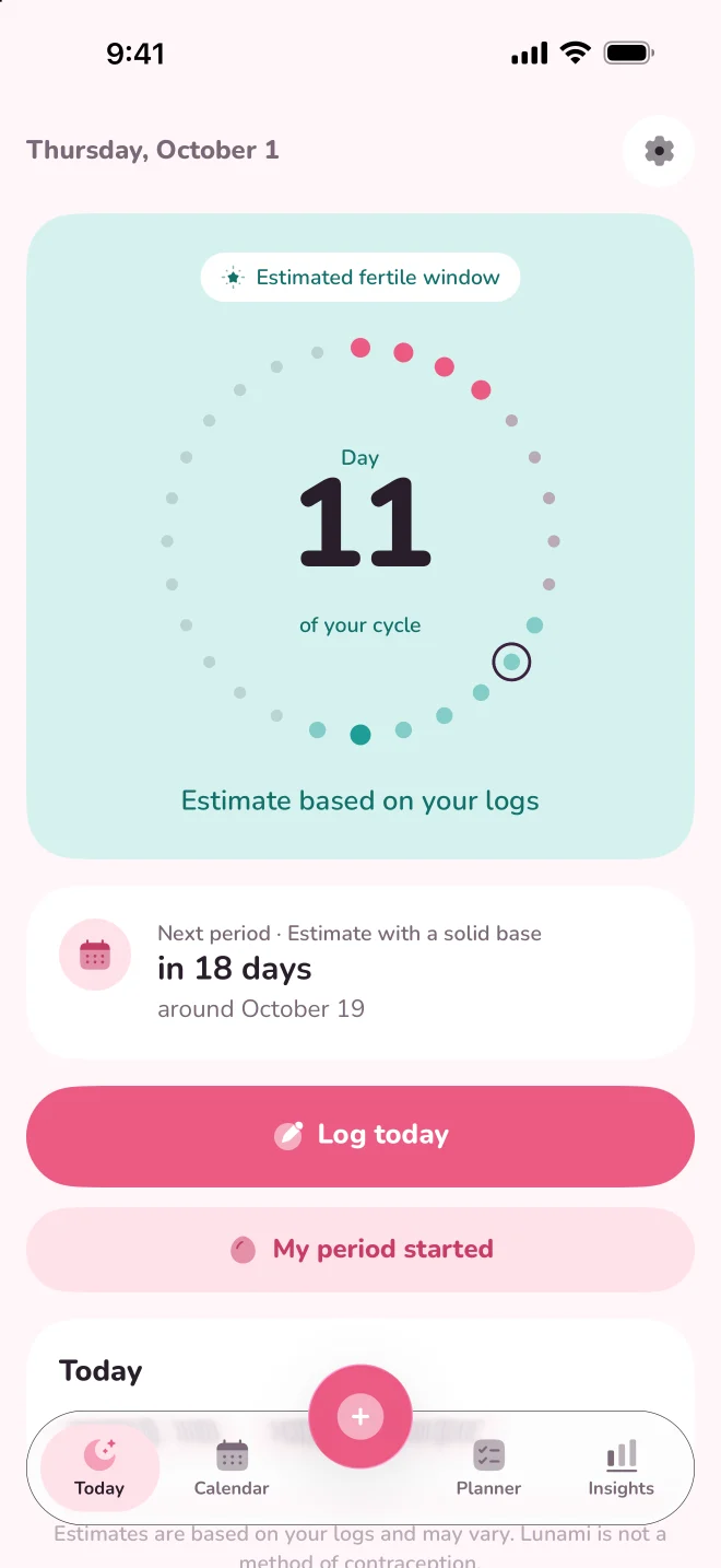 Lunami Today screen: cycle day 11, estimated fertile window and next period in 18 days