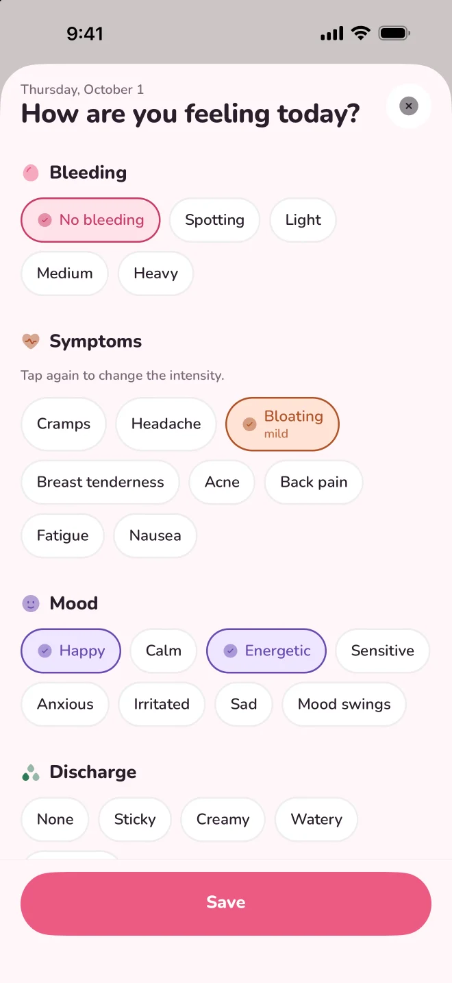 Daily log with bleeding, symptoms and mood