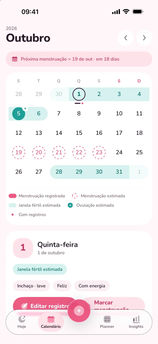 Calendário de outubro com janela fértil, ovulação e próxima menstruação estimadas