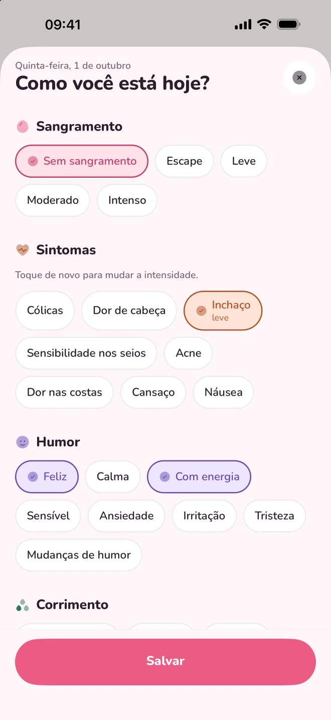 Registro diário com sangramento, sintomas e humor