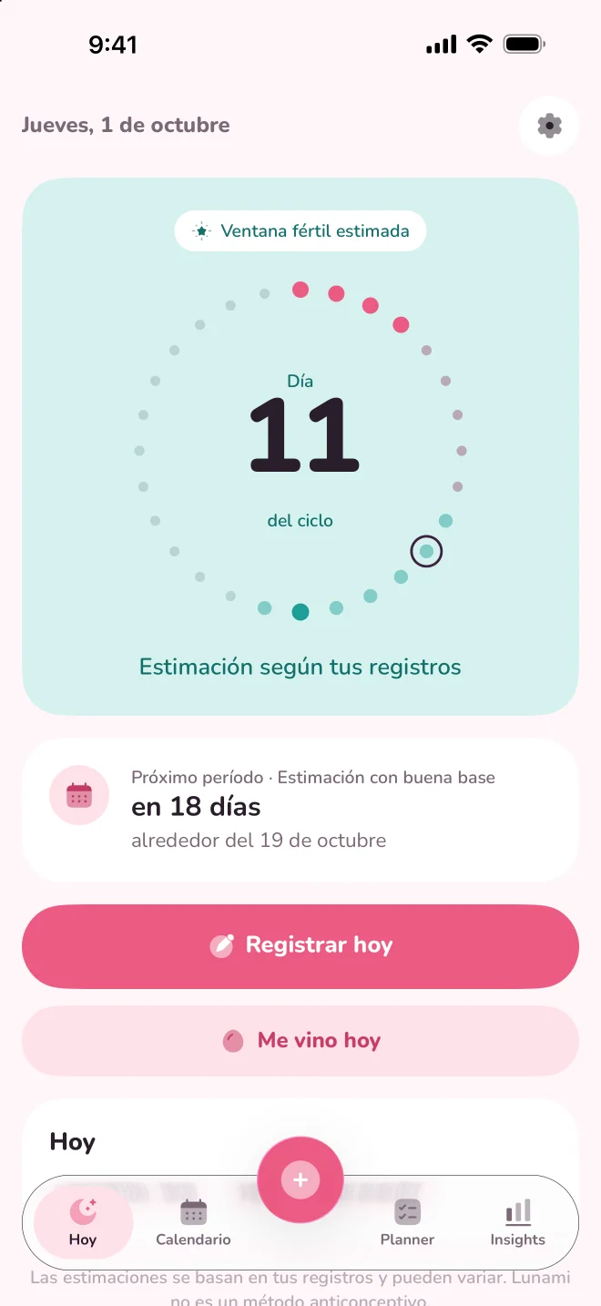 Pantalla Hoy de Lunami: día 11 del ciclo, ventana fértil estimada y próximo período en 18 días