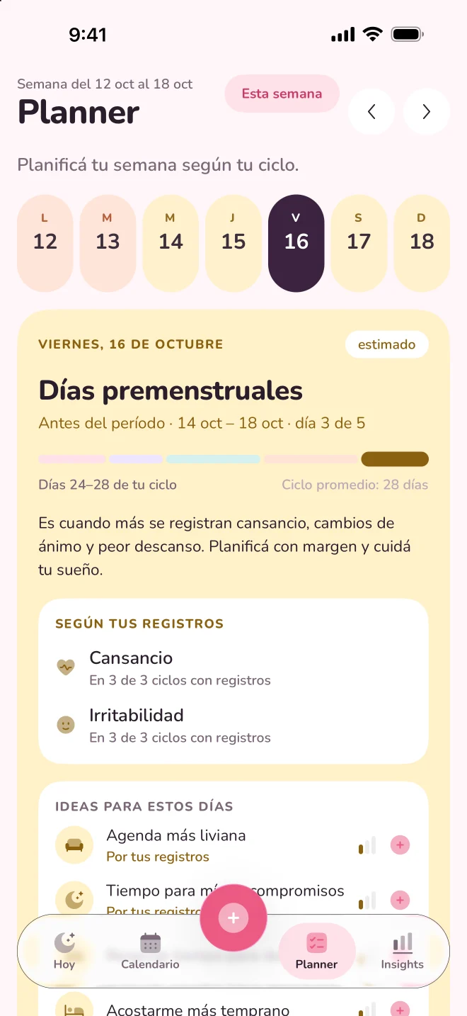 Planner en días premenstruales: cansancio e irritabilidad según tus registros, e ideas para esos días