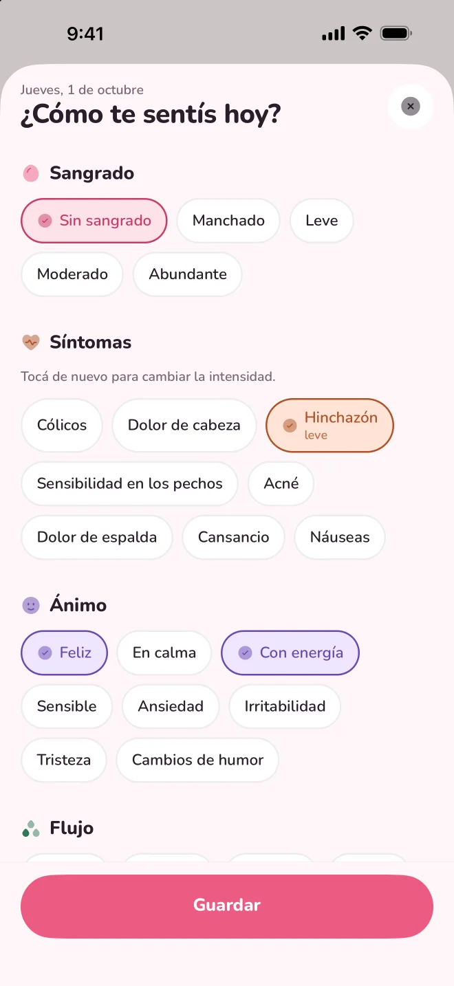Registro diario con sangrado, síntomas y ánimo